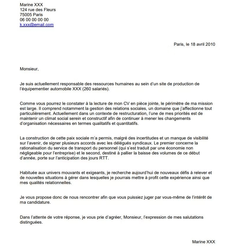 Lettre de motivation passe partout exemple 2 pour responsable des ressources humaines