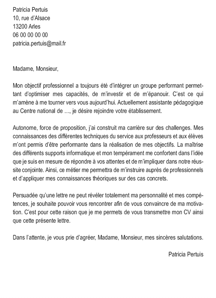 Lettre de motivation passe partout exemple 3- Assistant Pédagogique