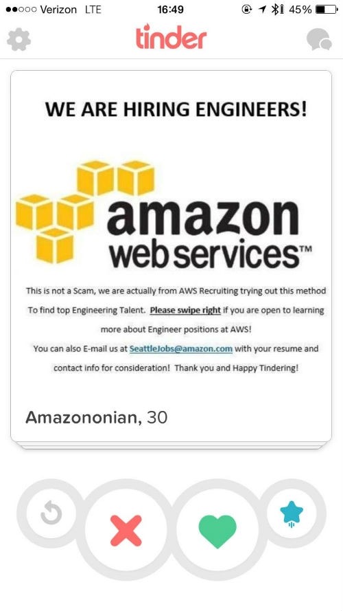 Recrutement en mode growth hacking : Amazon parasite Tinder pour recruter  Recrutement en mode growth hacking : Amazon parasite Tinder pour recruter